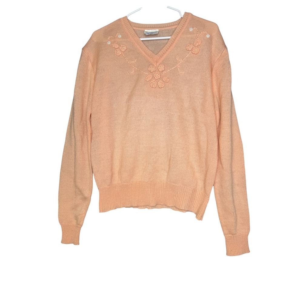 Vintage Majestic International Peach Floral Embroidered V-Neck Sweater Size 46/L
